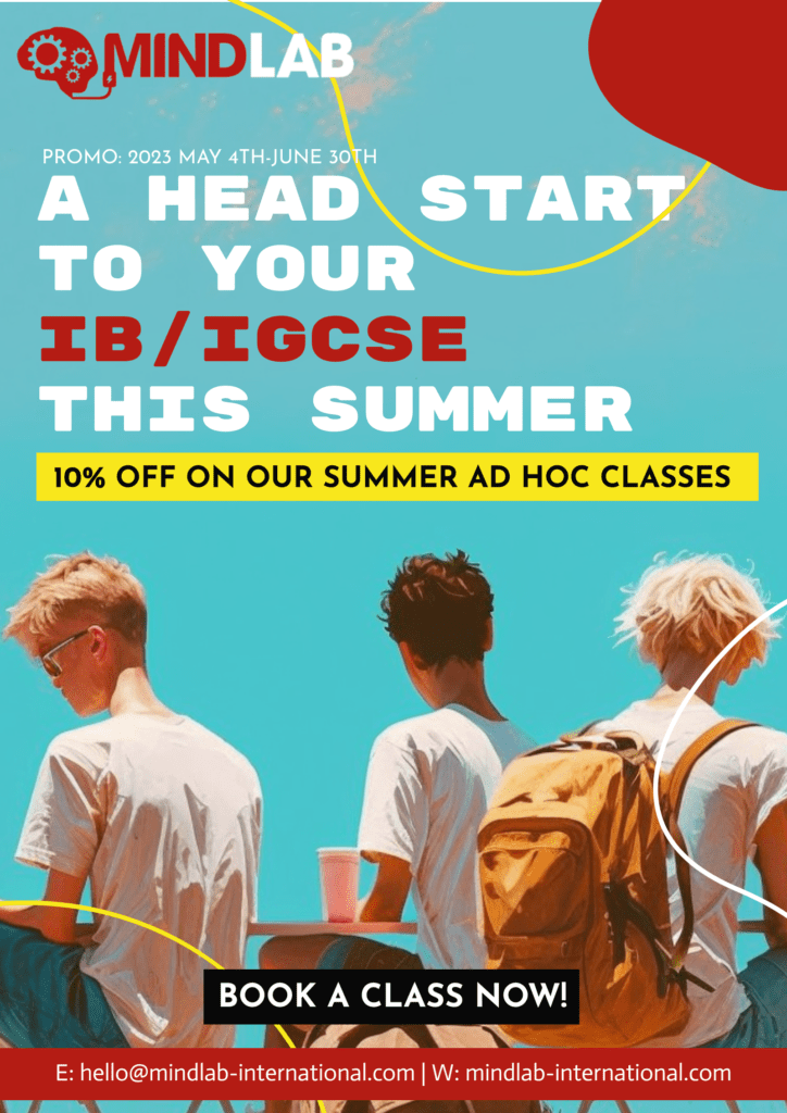 Mindlab's IB/IGCSE summer class banner showing 10% off