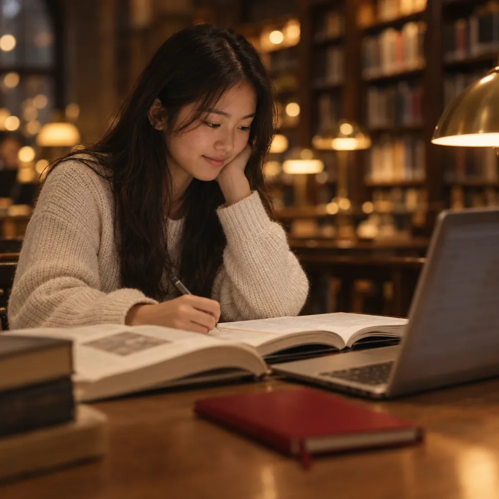 IB student researching and writing their Extended Essay at a desk