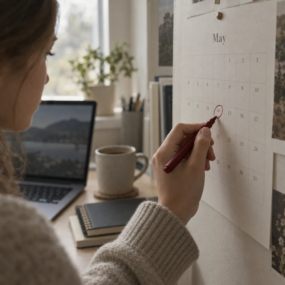 Student marking the May exam session on a planner for the IB Extended Essay